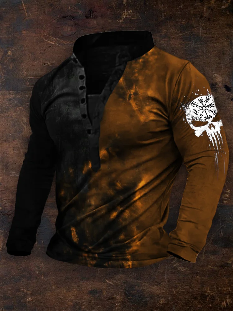 Wearshes Men's Viking Vegvisir Skull Contrast Color Henley Shirt