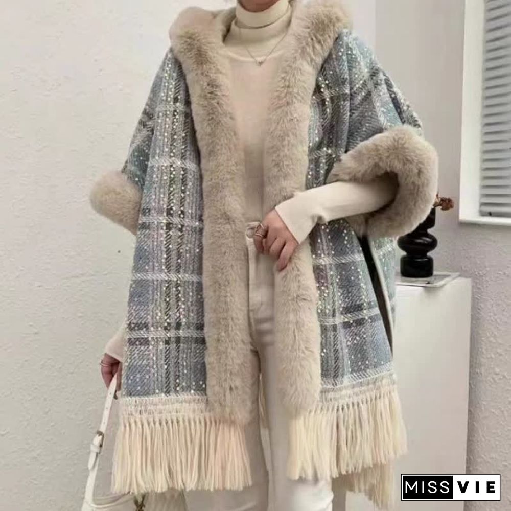 Plaid Print Furry Collar Fringed Casual Hooded Cloak Coat