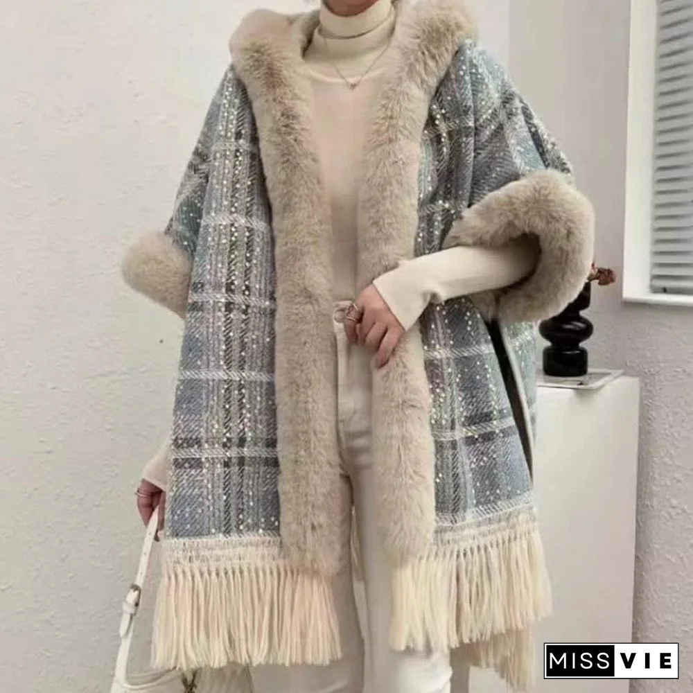 Plaid Print Furry Collar Fringed Casual Hooded Cloak Coat