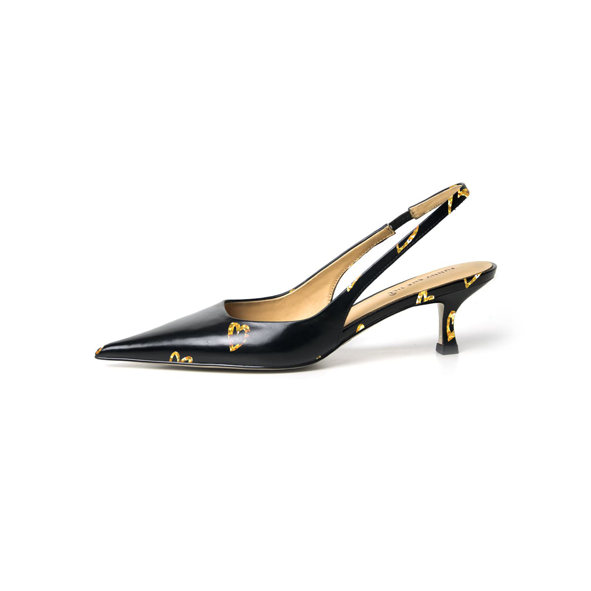 Golden Heart Pattern Women's Patent Leather Kitten Heels 