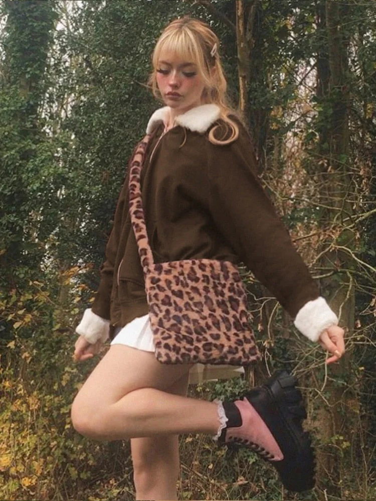 Rapcopter y2k Fur Jackets Loose Brown Grunge Fairycore Coat Turn Down Collar Zipper Prepply Sweatshirts Women Chic Outerwear 90s