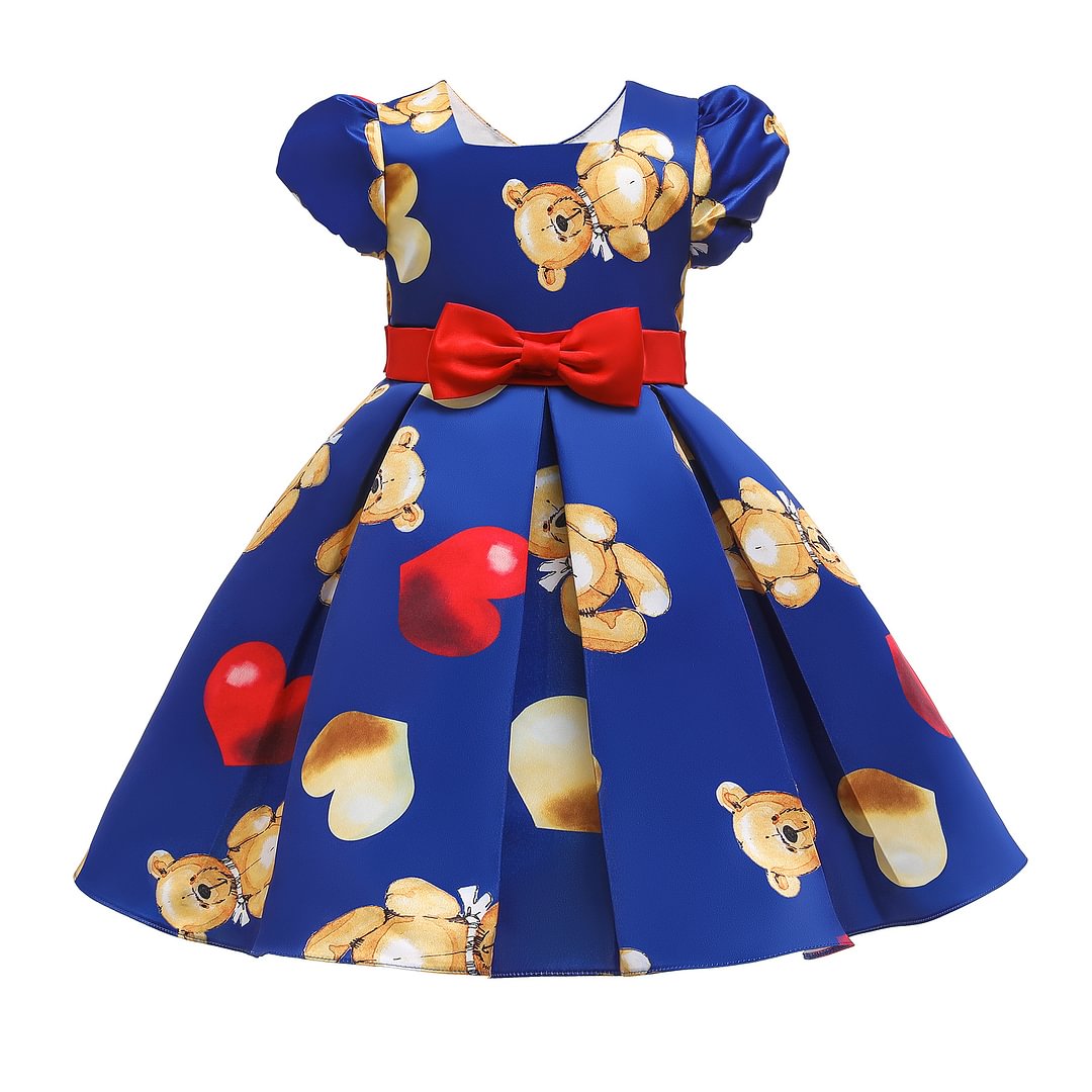 Buzzdaisy Bear Princess Dress For Girl Square Neck Bow-Knot Heart Love Puff Sleeves Light Weight Cotton Evening Dress Casual