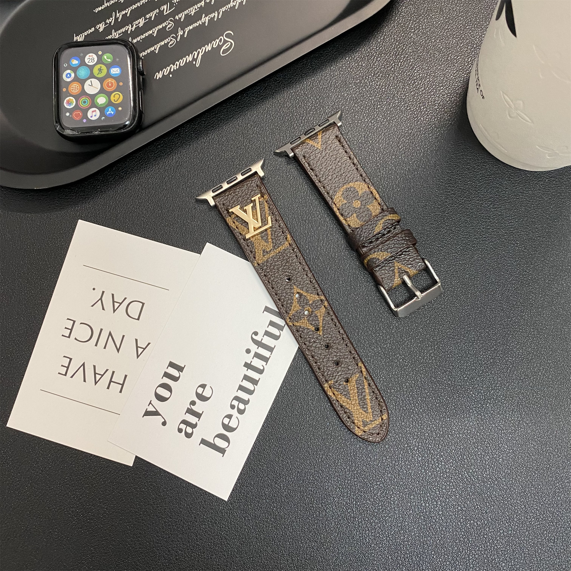 Legendary Metal LV Monogram Label Canvas Leather Apple Watch Strap