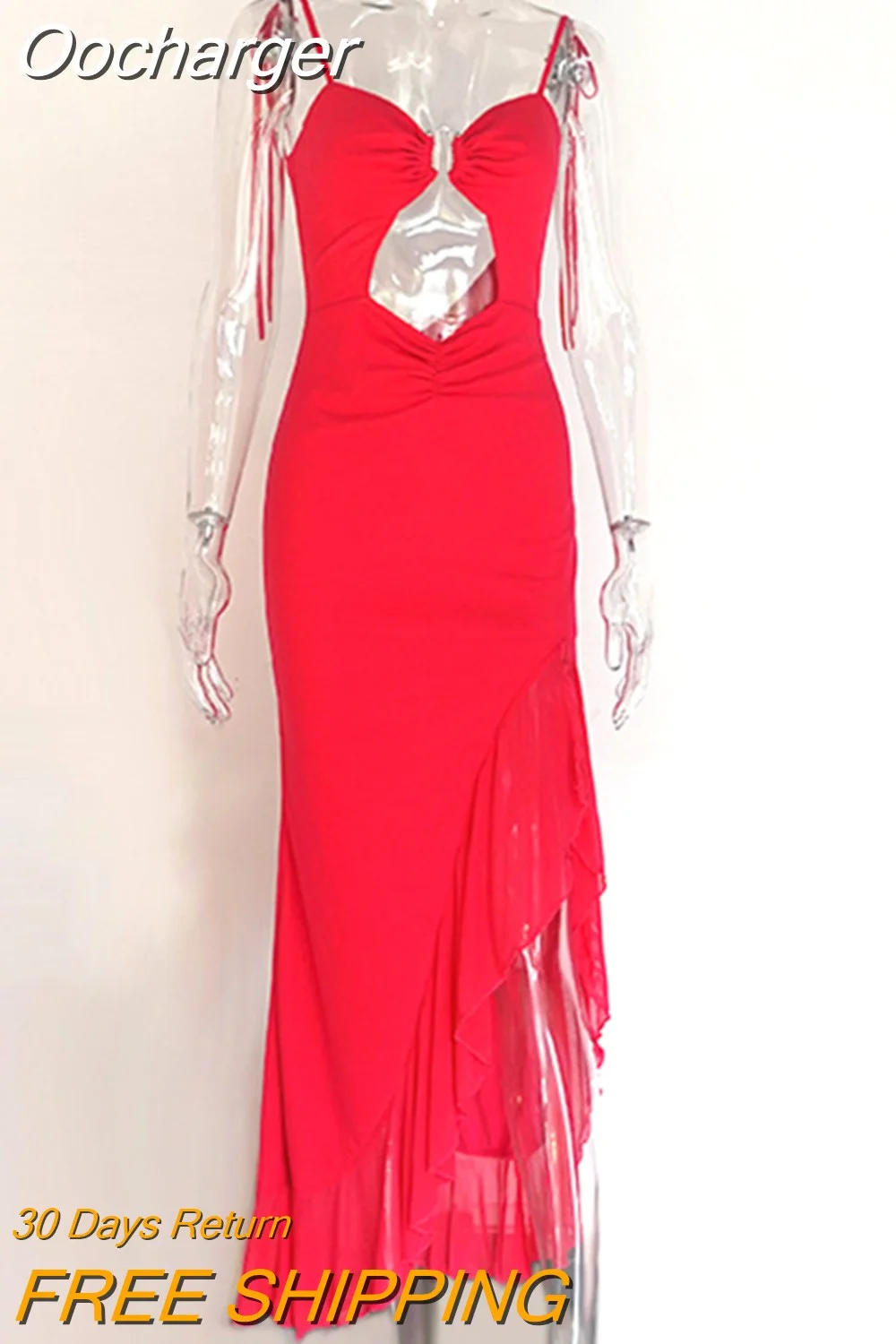 Oocharger Red Hollow Out Ruffles Split Maxi Dress Women Gown Spaghetti Strap Sleeveless Backless Sexy Club Party Dress Elegant