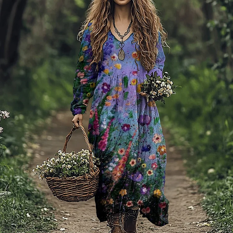 Women's Vintage Flowers Art Linen Blend Maxi Dress