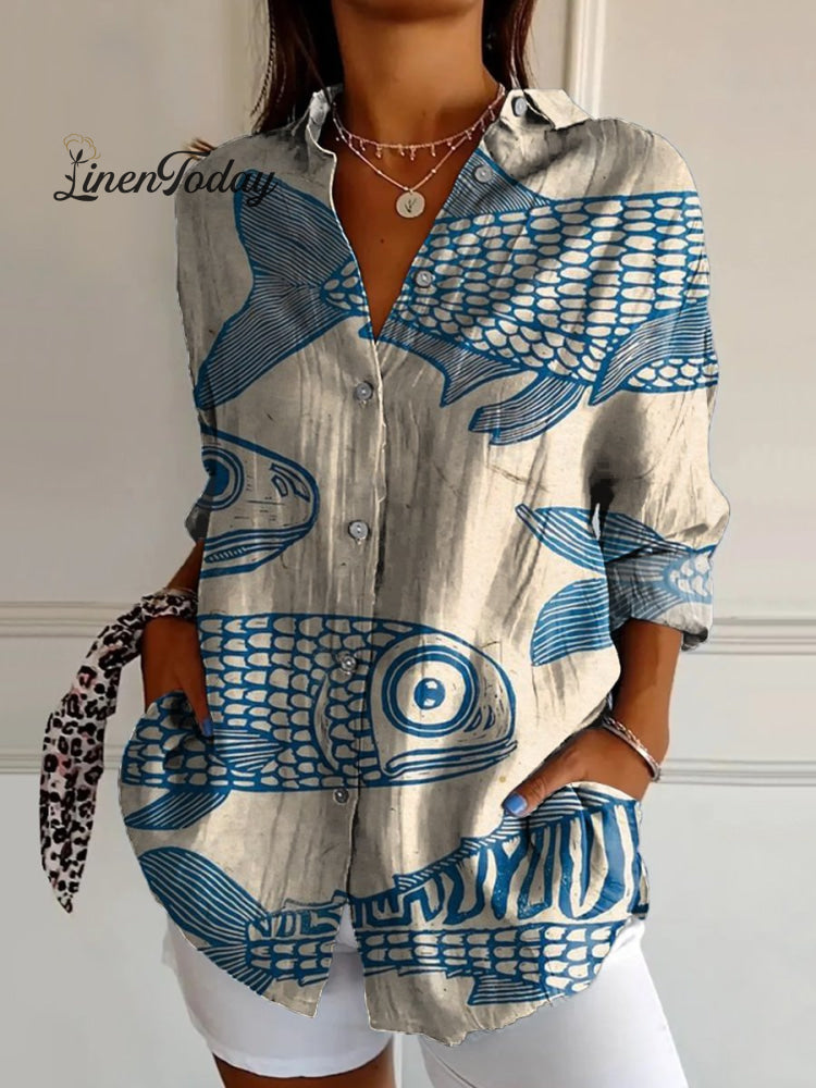 Women’s Blue Minimalist Line Fish Print Casual Cotton Shirt Multicolor / S