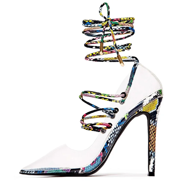 Multicolor Python Strappy Pointed Toe Stiletto Heel Clear Pumps |FSJ Shoes