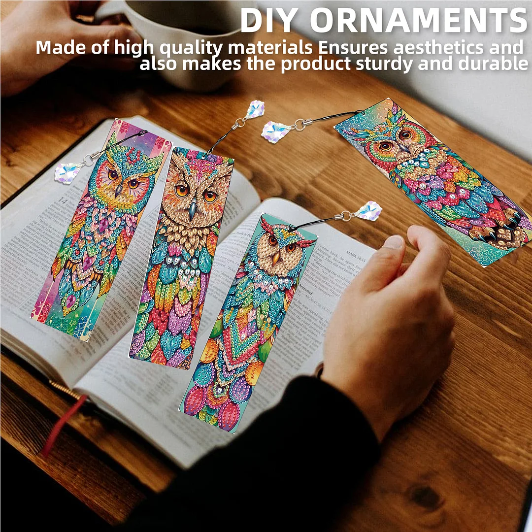 4Pcs Colorful Owl DIY Diamond Bookmark Art Projects Irregular Shaped Diamonds Diamond Painting Art Bookmarks with Crystal Pendants for DIY Making Beginners Adult Art Craft Supplies