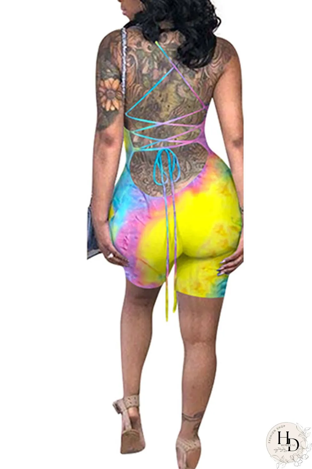 Green Fashion Sexy Coloured drawing Backless Polyester Sleeveless Slip Jumpsuits