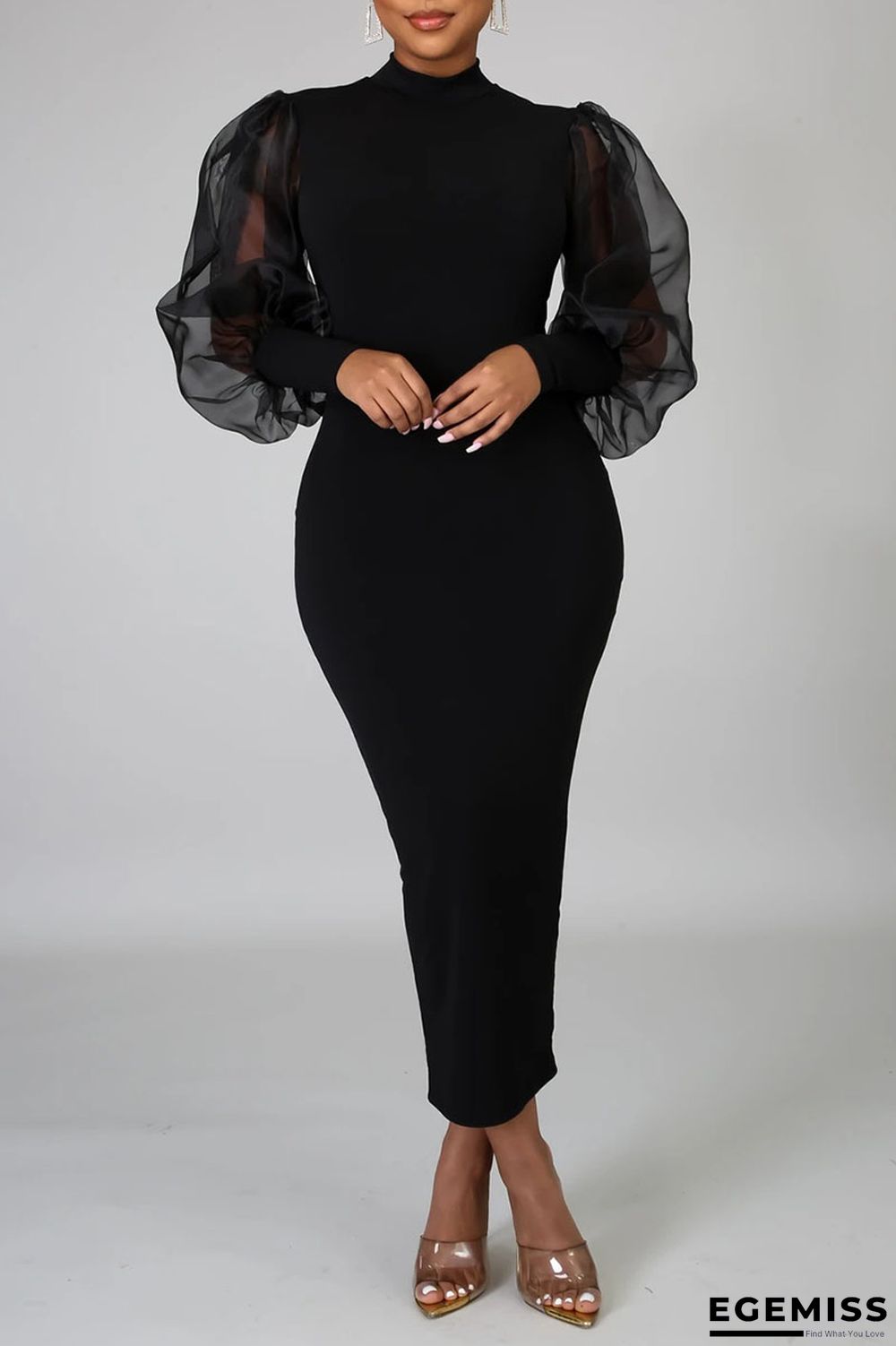 Black Celebrities Solid Patchwork See-through O Neck One Step Skirt Dresses | EGEMISS