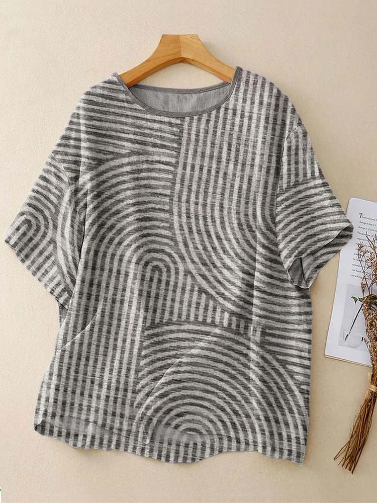 Women's Vintage Abstract Geometric Lines Print Casual Linen Crew Neck Shirt