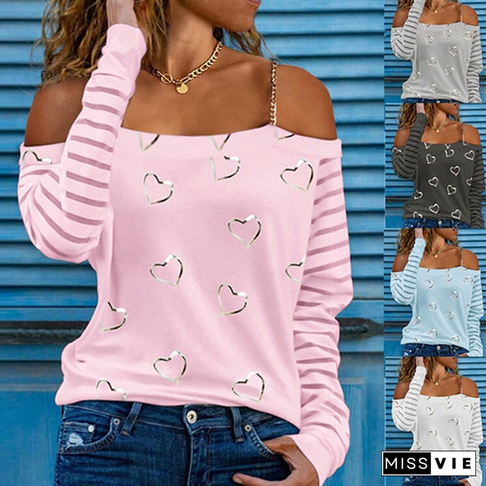 Spring and Early Autumn New Fashion Women's Love Printed Long Sleeve Casual Plus Size Strapless Halter Top Loose Soft and Comfortable Autumn and Winter Bottoming Shirt