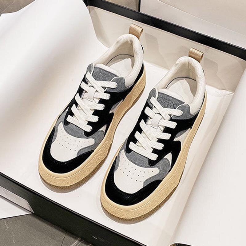 CXJYWMJL Women Platform Sneakers Autumn Retro Pigskin Casual Vulcanized Shoes Ladies Thick Bottom Fashion Little White Shoes