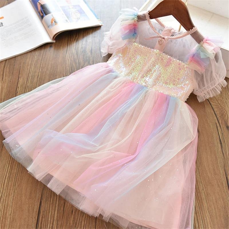 Sequined Girls Summer Dress Princess Elegant Party Frocks Dresses For Girls Sweet Birthday Costume 3-8 Years Old Children Dress