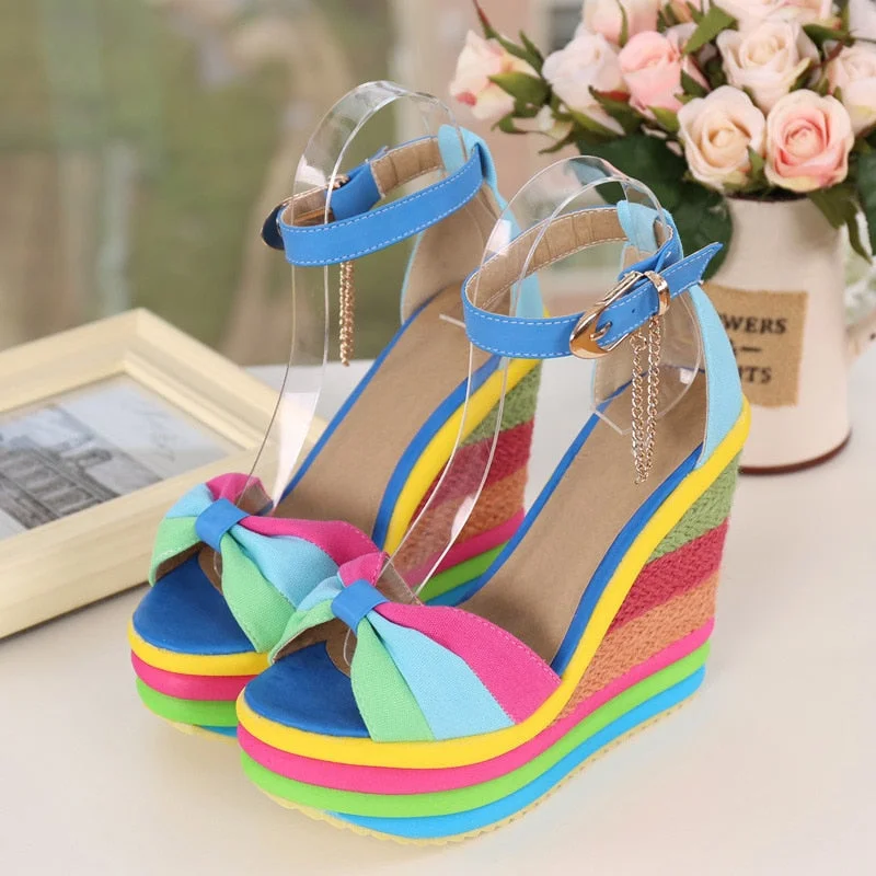 comemore 2021 Summer New Wedges Sandals For Women Platform Rainbow Shoes Bowknot Clogs high heels Female Metal chain Ladies Shoe