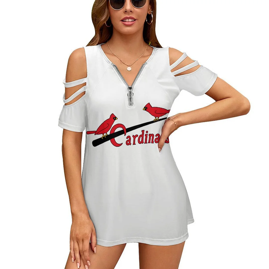 Shoulder Off V-neck Zipper Front Short Sleeve Casual T-shirt for Women Printed with Pattern,Red,Dark Blue,White