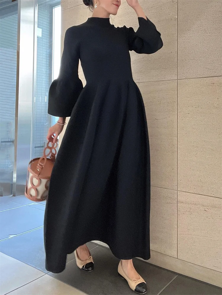 Daily Stand Collar Long Flare Sleeve A-Line Solid Maxi Dress