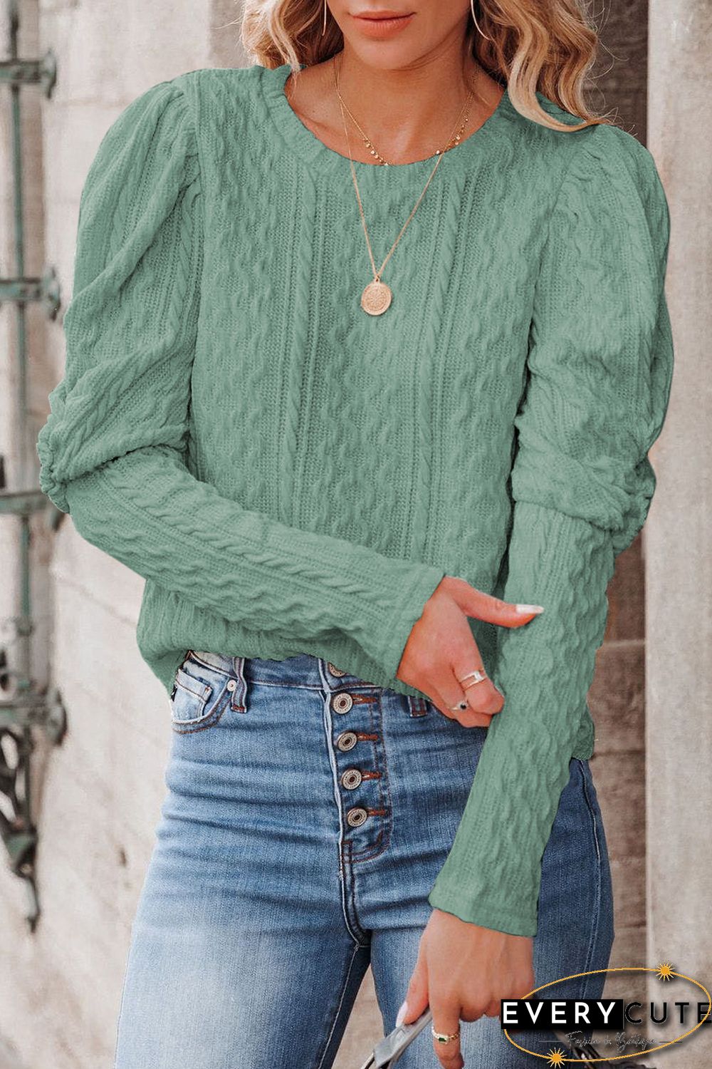 Solid Color Puffy Sleeve Textured Knit Top