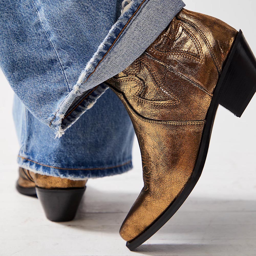 Gold Metallic Pointed Toe Chunky Heel Embroidered Cowgirl Booties Nicepairs