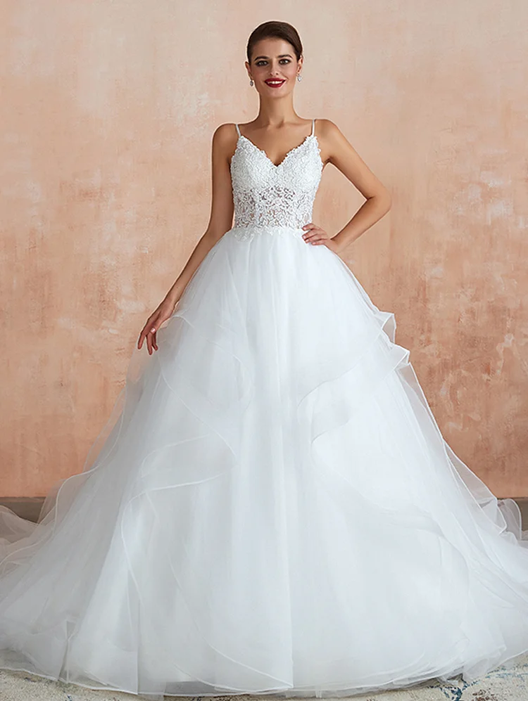 Wedding Dresses Spaghetti Strap with Tiered Tulle Lace Bridal Gowns