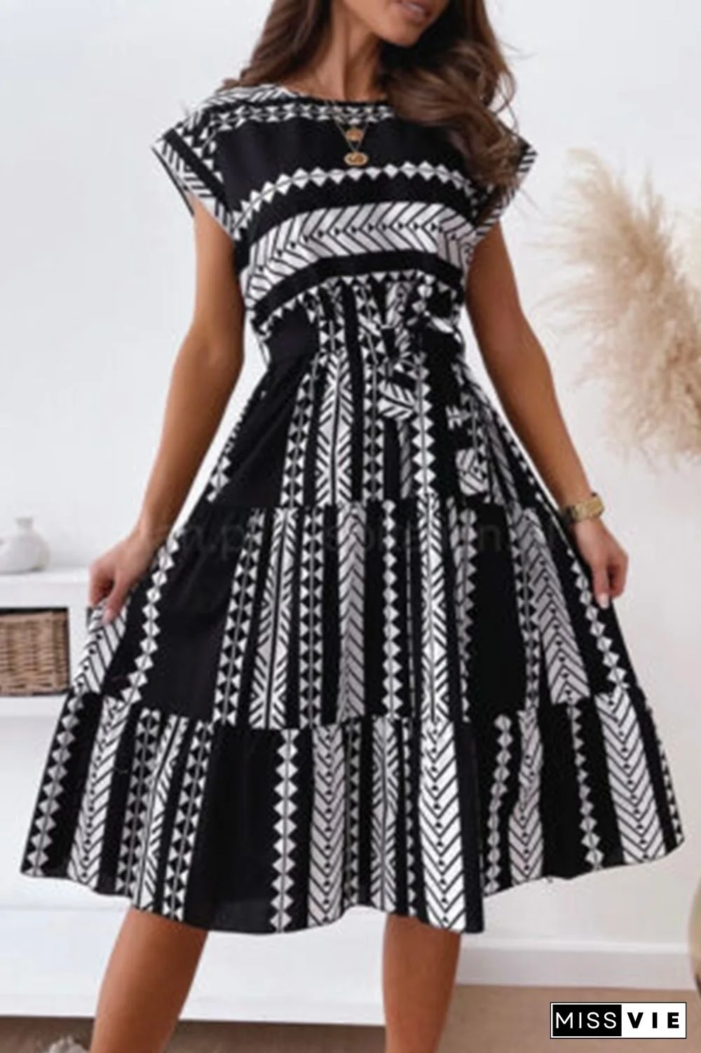 Elegant Print Strap Design O Neck A Line Dresses(3 Colors)