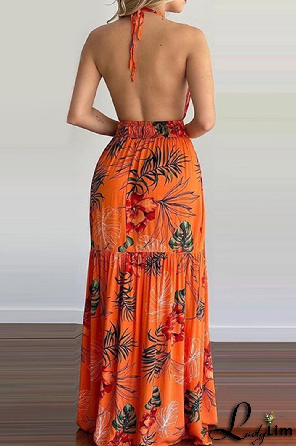 Yellow Sexy Print Split Joint Backless Halter Straight Dresses