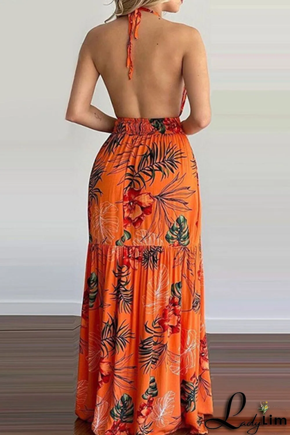 Yellow Sexy Print Split Joint Backless Halter Straight Dresses