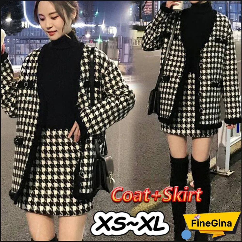 Houndstooth Vintage Two Piece Sets Outfits Women Autumn Cardigan Tops And Mini Skirt Suits Elegant Ladies Fashion 2 Piece Sets