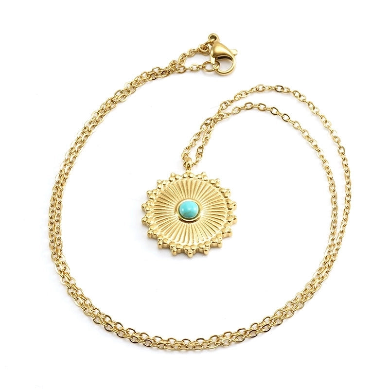 Retro Round 304 Stainless Steel Turquoise 18K Gold Plated Inlay Stainless Steel Necklaces