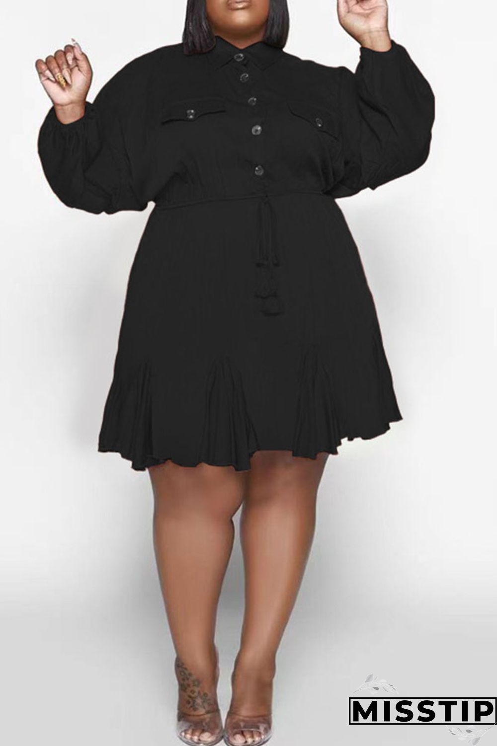 Orange Casual Solid Patchwork Buckle Fold Turndown Collar Straight Plus Size Dresses