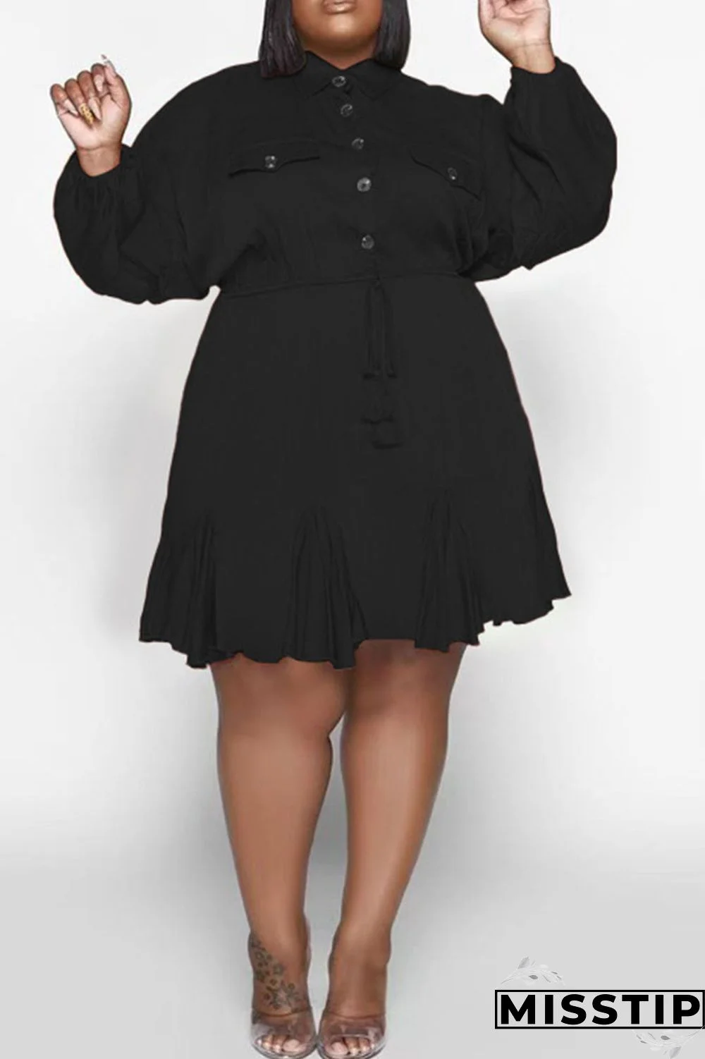 Orange Casual Solid Patchwork Buckle Fold Turndown Collar Straight Plus Size Dresses