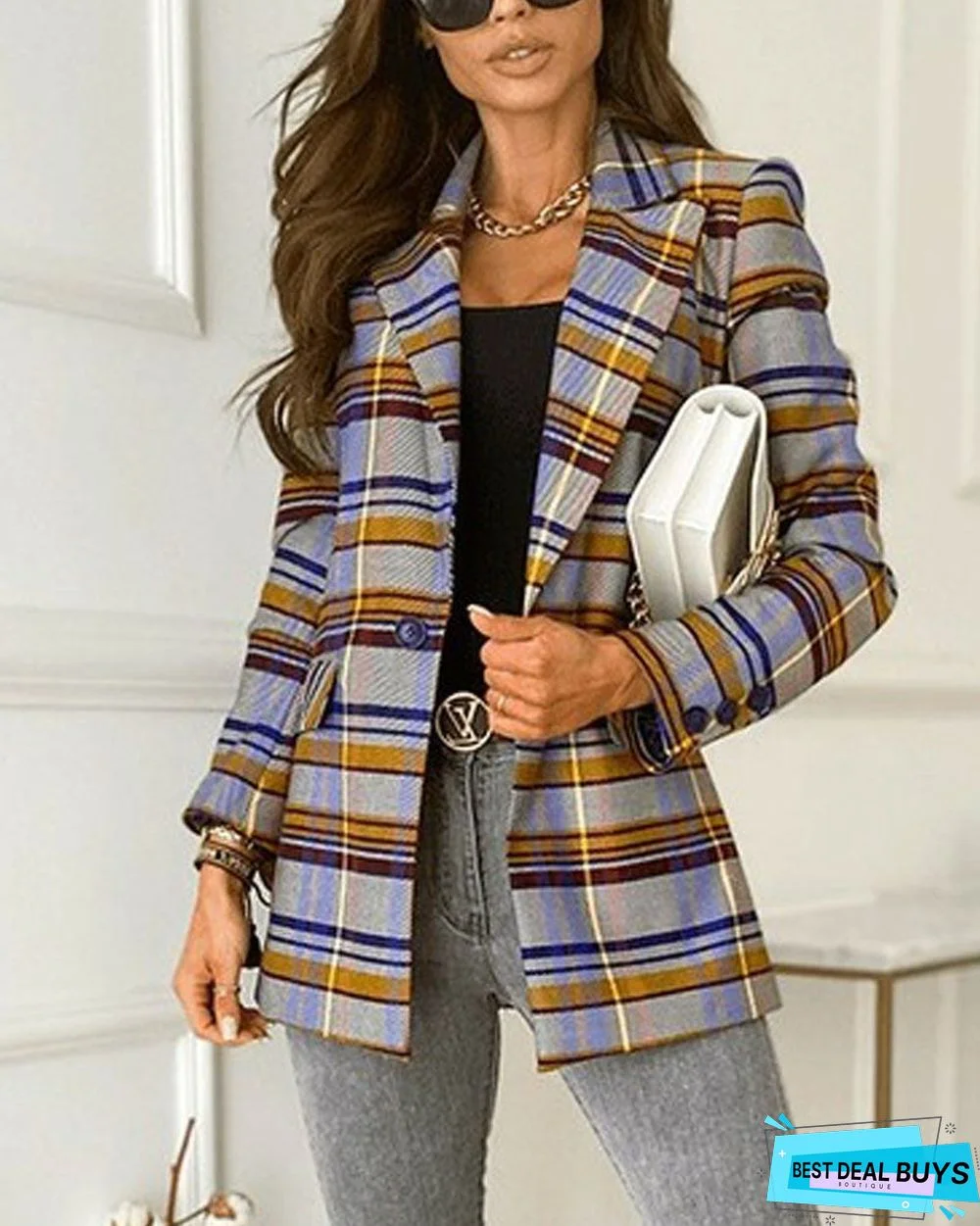 Plaid Print Lapel Collar Single Button Blazer