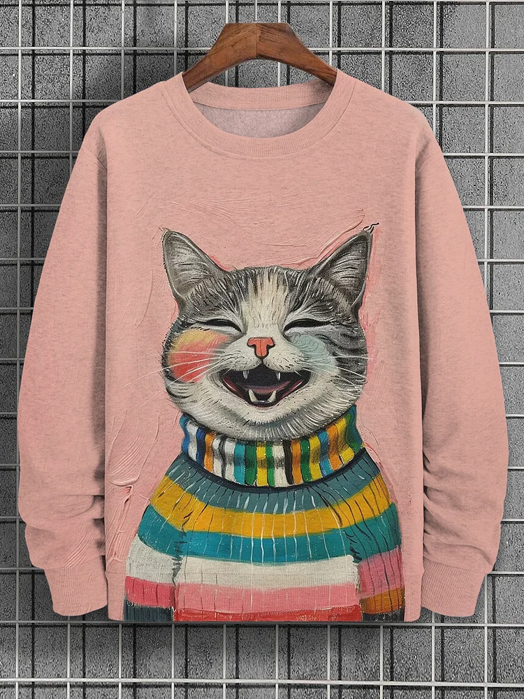 Men's Cute Cat in Sweater Art Print Casual Sweatshirt