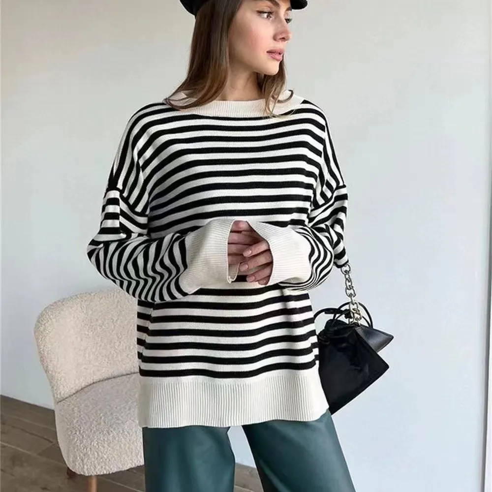 Women's Crew Neck Striped Knit Sweater