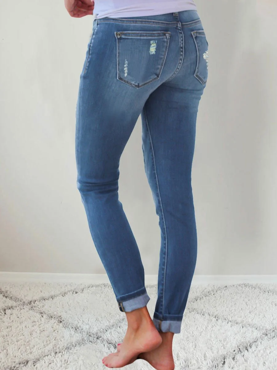 Ripped Leopard Patch Pocket High Waist Skinny Jeans