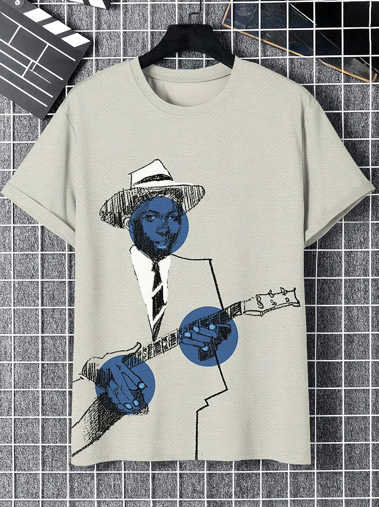 Men's Sketch Art Black Guitarist Print Casual T-Shirt