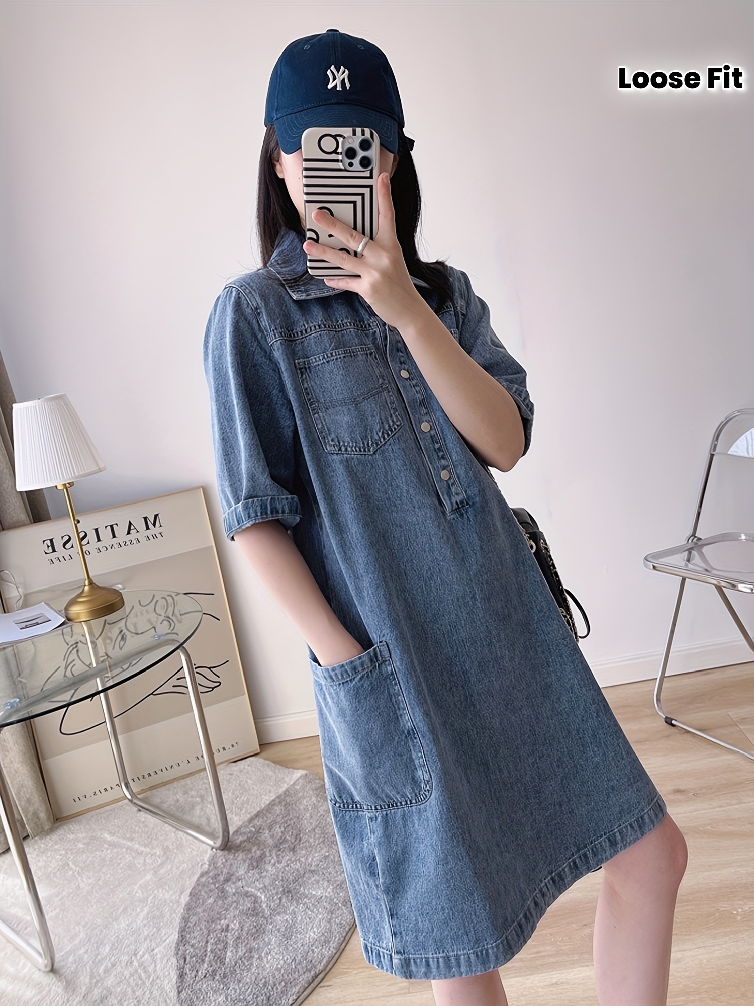 Womens Vintage Denim Shirt Dress Petite-Friendly Collar Loose Fit Short Sleeve With Side | IFYHOME