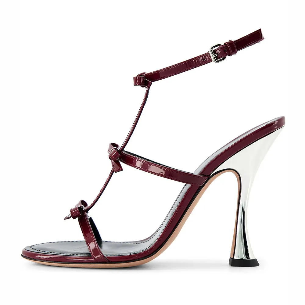 Maroon Round Toe Buckle Ankle Strap High Heels Sandals with Bow
