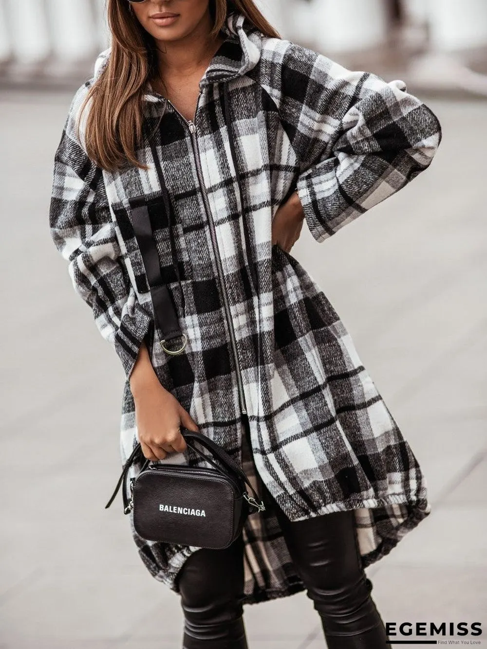 Casual Plaid Zip Long Sleeve Hooded Outerwear | EGEMISS