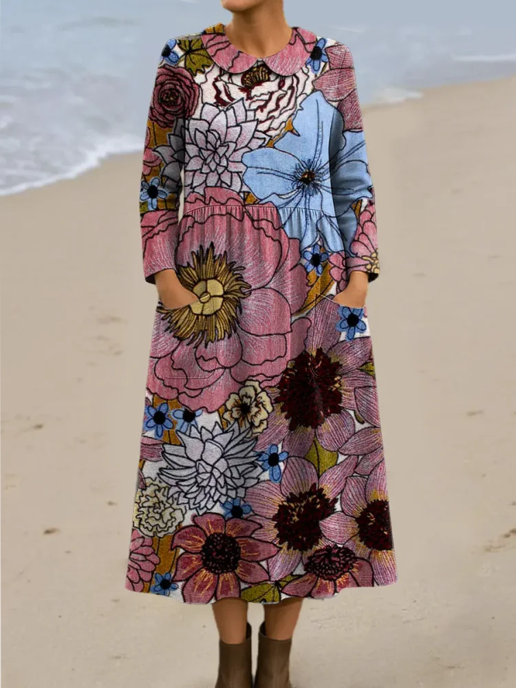 Women's Vintage Floral Art Print Casual Cotton Dress