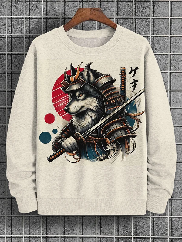 Men's Japanese Samurai Wolf With Saber Art Graphic Print Cotton Casual Sweatshirt