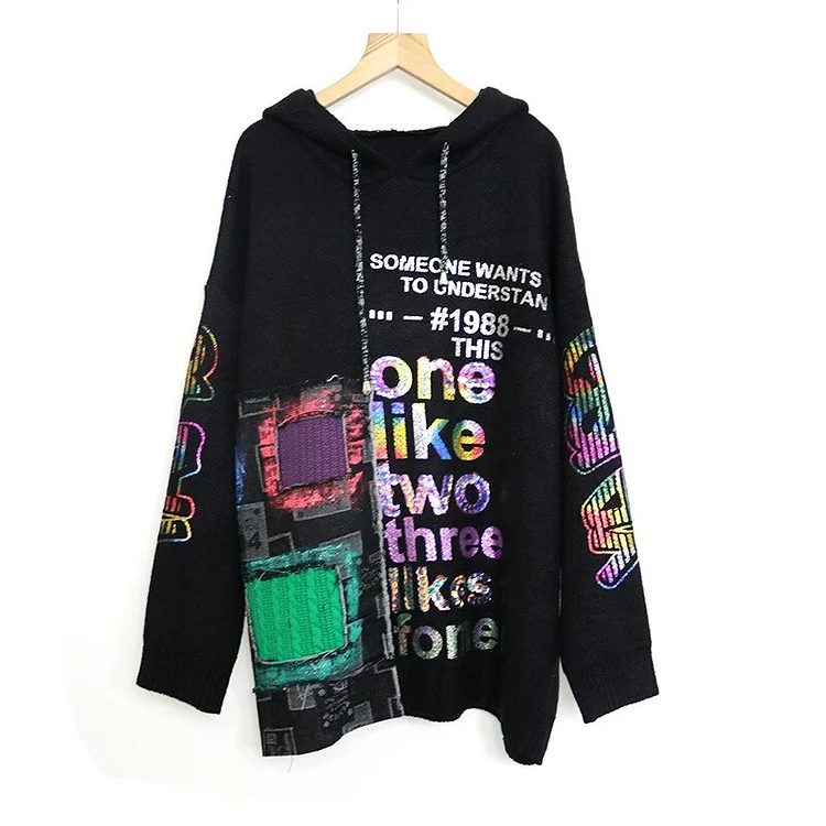 Hip-hop Hooded Colorful Letter Printed Patch Decor Long Sleeve Knitted Sweater 