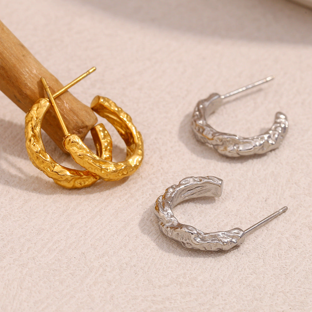 Fashionable Ins Style All-Match Earrings Stainless Steel Plated With 18K Gold Irregular Hammered Pattern Small Earrings