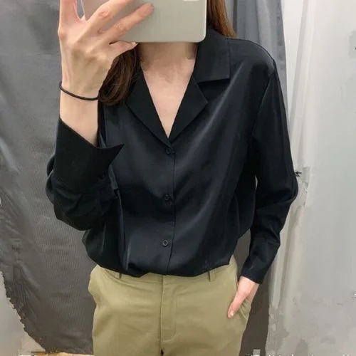 Spring V-neck Office Shirt Korean Long Sleeve Polo Collar Women Clothing Solid Chiffon Blouse Womens Tops 9380