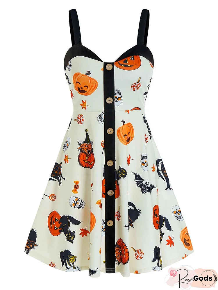 Gothic Women Dress Halloween Pumpkin Print Mock Button Cami Mini Dress Casual Vintage Sleeveless Sexy Party Dress Femme