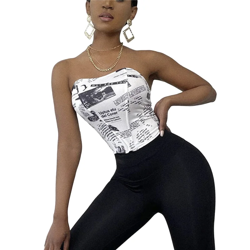 Women's Bustier Crop Tops Novelty Newspaper Printed Strapless Sleeveless Boned Corsets Off Shoulder Tops Strapless T Shirt
