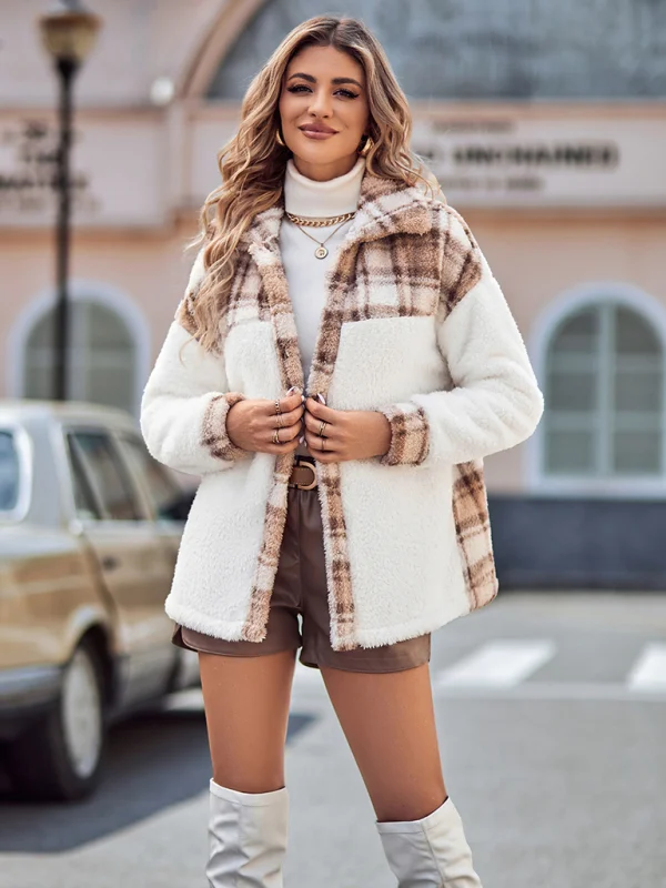 Women's spliced ​​lapel loose long sleeve plush coat Flusfy