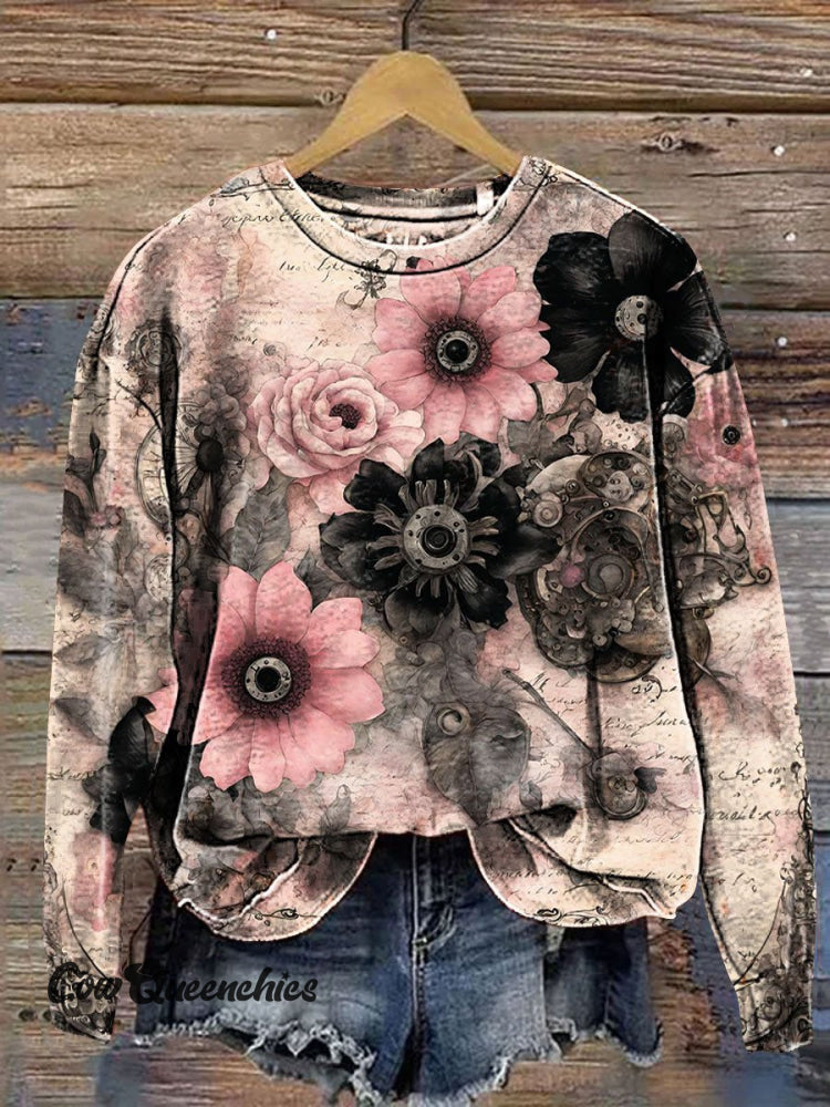 Vintage Floral Steampunk Art Print Casual Sweatshirt Multicolor / S