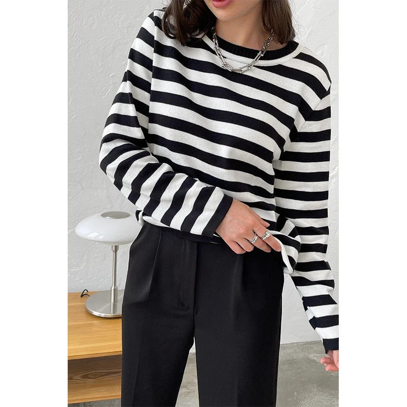 Uveng Knitted Striped Versatile Classic Retro Pullover Sweaters