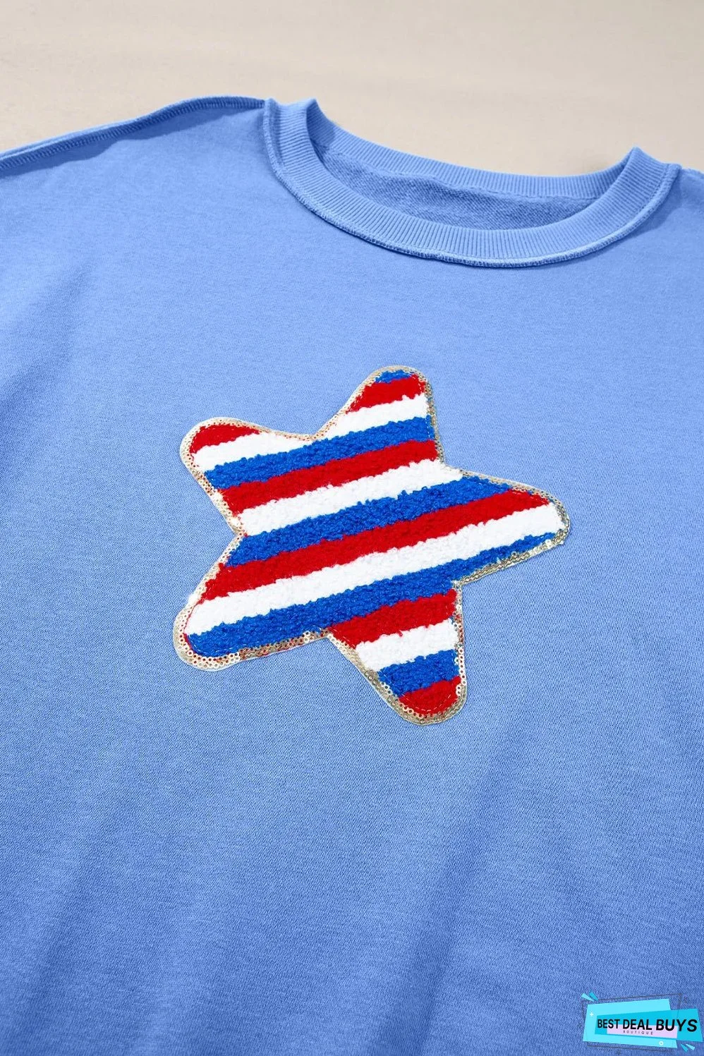 Sky Blue Sequin Trim Embroidered Star USA Pattern Sweatshirt